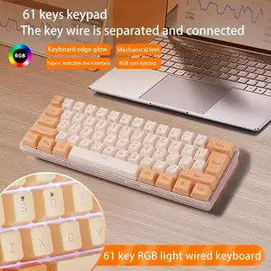 Keyboard mini usb berkabel 61 tombol ABS, keyboard gaming RGB