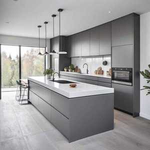 Cuisine moderne noire de luxe avec grand îlot et plafond vitré, espace de séjour luxueux, intérieur de maison de luxe, hotte de cheminée en acier inoxydable - Product Image 3