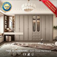 Armoire de chambre à coucher de style crème français moderne avec coiffeuse intégrée et vitrine à portes vitrées, mobilier de luxe sur mesure