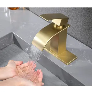 Grifo de lavabo de baño con caño de cascada de acero inoxidable dorado de lujo