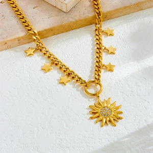 Stainless Steel Chunky Chain Necklace With Star Cross Wings Sun Pendant Sweater Chain Jewelry For Unisex Fashion - Product Image 2