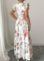 Robe longue élégante Joydressing blanche à motifs floraux, col en V sexy, manches à volants, taille smockée, robes d'été à étages, vente en gros, personnalisable