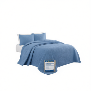 DB Reversible <b>Bedspread</b> <b>Set</b> Blue King Size Cotton Quilted Plain Pattern Bedroom Coverlet - Product Image 1