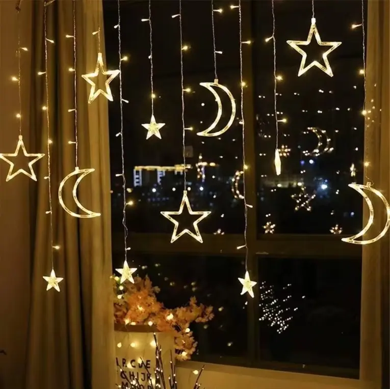 Biumart lampu tirai pesta liburan Natal, lampu LED tali peri bintang bulan dekorasi baterai 3.5M/USB