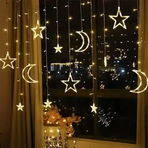 Biumart Cortina de luzes para festas e feriados de Natal Ramadã, luz decorativa de 3,5 m com bateria/USB, estrela da lua e luz de fadas
