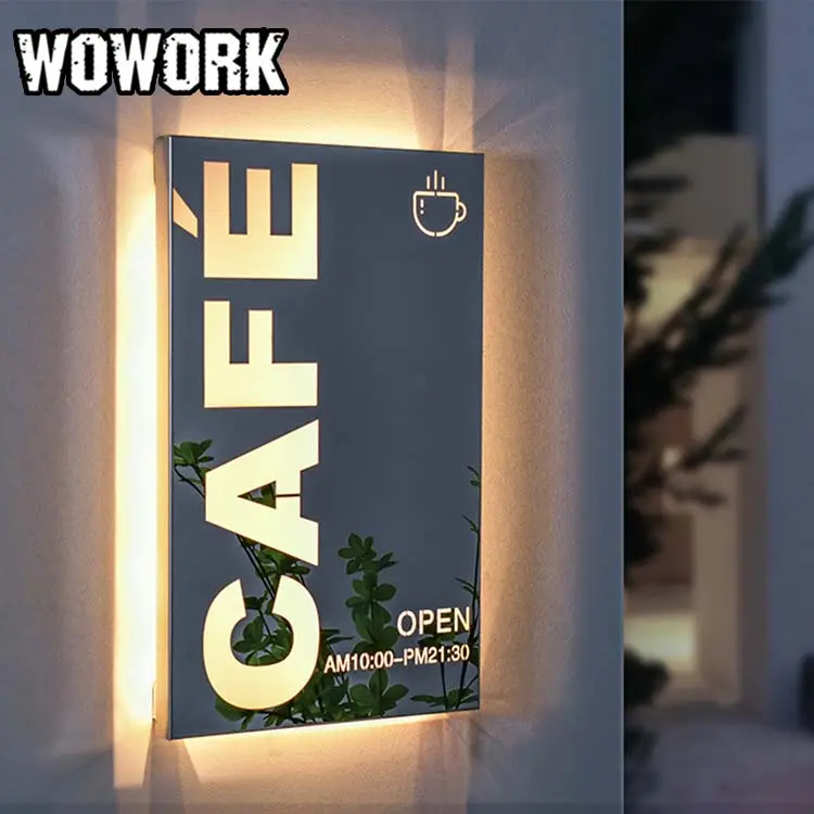 Wowork Aanpasbare Reflecterende Led Logo Spiegel Ijzeren Kunst Slanke Hangende Reclame Lichtbak Teken Voor Koffiebars Pubs Winkel Decor