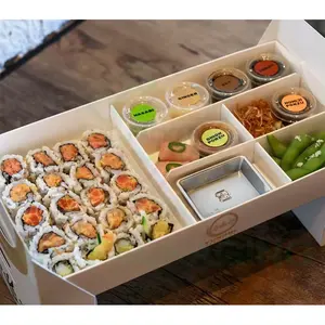 Caja de comida para sushi con asa ecológica al por mayor, crepé, pastel, hamburguesa, Chocolate, donuts, Picnic, caja de embalaje de papel para galletas con bandeja de inserción