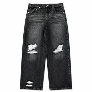 Custom High Quality Private Label Vintage <b>Mens</b> <b>Ripped</b> <b>Jeans</b> Breathable Rivet Heavyweight Acid Wash Distressed Denim Manufacturer - Product Image 1