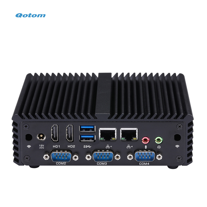 Qotom Oem Goedkope 12V Fanless Barebone Seriële Parallelle Poort Rs232 Rs485 Linux Industriële Automatisering Mini Pc