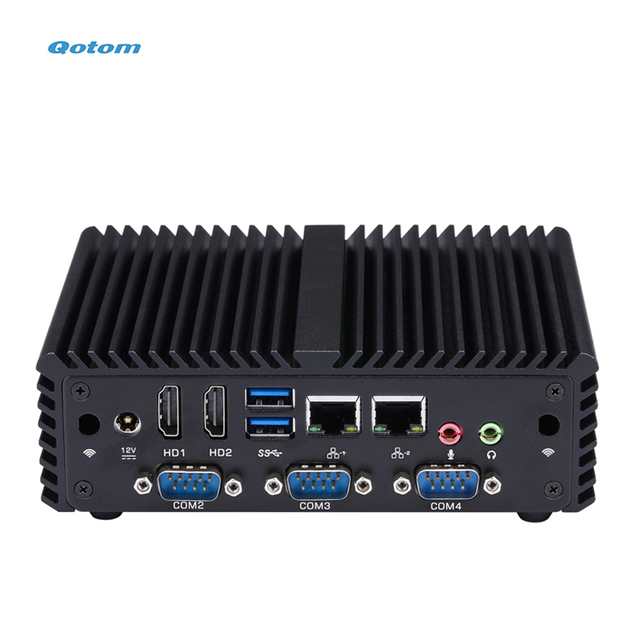 Qotom OEM Cheap 12v Fanless Barebone Serial Parallel Port Rs232 RS485 Linux Industrial Automation Mini PC