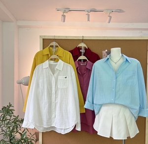 Chemise en lin ample décontractée pour femme, printemps-été, blanc, bleu, jaune, rouge, L451, avec poche brodée de lettres basiques - Product Image 3