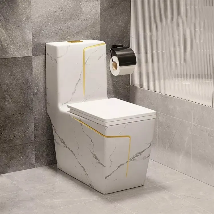 Marble design luxury square colored modern bathroom water closet commode toilet bowl one piece ceramic toilet with gold line