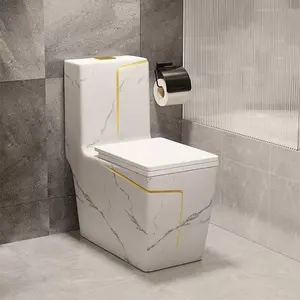 Marble design luxury square colored modern bathroom water closet commode toilet bowl one piece ceramic toilet with gold line
