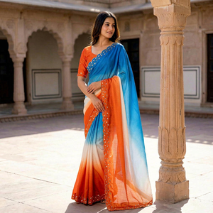 Reversible Silk <b>Saree</b> <b>Orange</b> Blue Ombre Design Embroidered Border Women Traditional Indian Wedding & Party Wear - Product Image 1