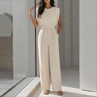Combinaison de bureau pour femme, col rond, sans manches, taille froncée, plissée, jambe large, vente en gros d'usine