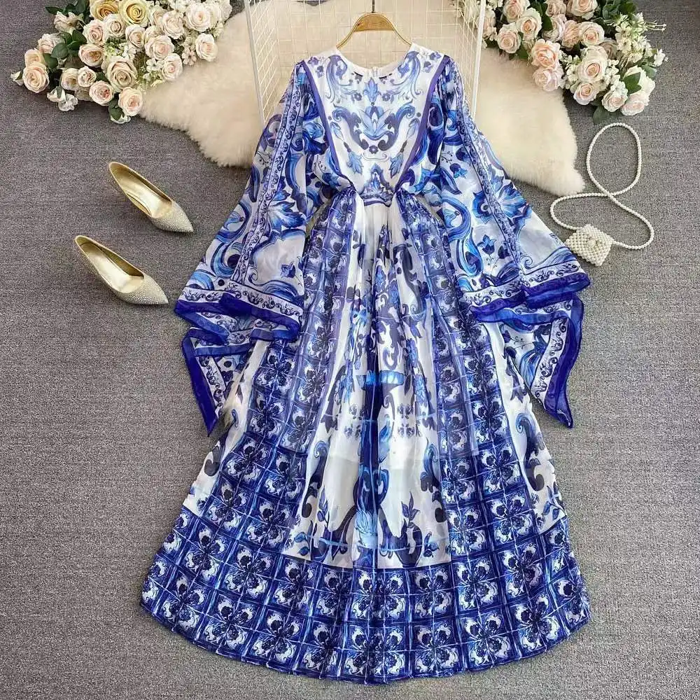 Newest Autumn Season Casual Style Loose Fashion Floral Printed Design Blue Solid Color Long Woman Tunic Dress