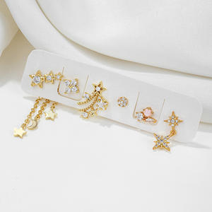 الجملة S925 الفضة إبرة المتخصصة بسيطة القمر ستار على شكل سلسلة طقم من الحلقان الزركون ترصيع الكورية 6 قطعة الفتيات 18k القرط - Product Image 2