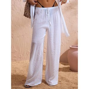 Pantalon ample à taille élastiquée en lin et coton pour femme, idéal pour la plage et les vacances - Product Image 4