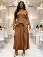 Ensemble jupe midi et haut à manches longues plissé Miyaki Plus Size pour femme, élégant et décontracté, tenue formelle 2 pièces pour mariage ou fête