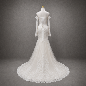 Vestido de Novia Personalizable sin Tirantes, Manga Larga, Estilo Sirena/Trompeta, con <span class=keywords><strong>Flores</strong></span>, Cola de Capilla, Largo hasta el Suelo, en Tela de Satén y Chifón, OEM - Product Image 4