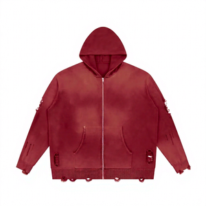 Sudadera con capucha unisex de invierno con cremallera, estilo punk desgastado, estampado digital y diseño recortado, estilo streetwear - Product Image 1