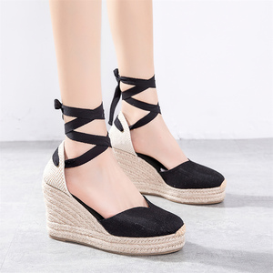Espadrilles compensées antidérapantes en toile pour <span class=keywords><strong>femme</strong></span>, à bout fermé et lacets, hauteur rehaussée de 10 cm, pour sandales d'été en extérieur - Product Image 5