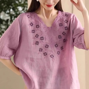 Cotton Linen Sheer Embroidered Shirt Women V Neck Mid Sleeve Pullover Elegant <b>Top</b> Everyday Wear - Product Image 5