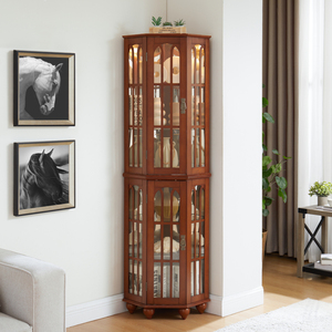 Corner <strong>Curio</strong> <strong>Cabinet</strong> with 4 Adjustable Tempered Glass Shelves and Lighting System, Solid Wood Legs - Product Image 5