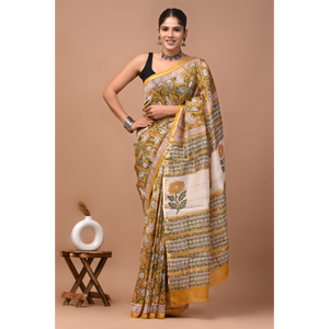 Sari de Seda Chanderi Pura Estampado a Mano con Blusa - Elegante Sari de Seda Chanderi Pura - Prenda Étnica Estampada a Mano - Product Image 5