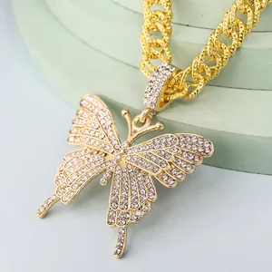 Factory direct supply and marketing chilled women's jewelry hip hop gold mesh chain choker cz paved butterfly pendant necklace