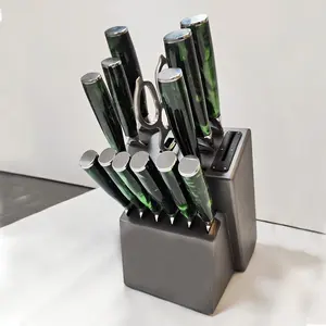14 pezzi in acciaio inox modello Laser lama resina manico blocco coltello con pittura grigio legno legno di pino blocco Set da cucina personalizzato