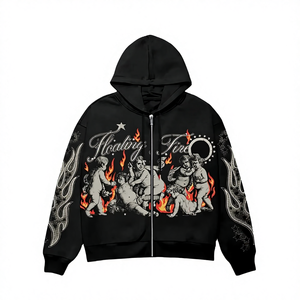 เสื้อฮู้ดดี้ทรงโอเวอร์ไซส์แบบวินเทจสำหรับทุกเพศ มีซิปและกระเป๋า |   ผ้าฟลีซผ้าฝ้าย 100% |   ดีไซน์แบบไหล่ตก - Product Image 4