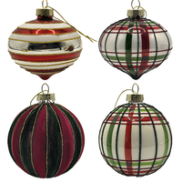 Set Bola Kaca Natal Festival Aneka Ragam Buatan Tangan, Tiup, 3 Warna, Pola Kotak-Kotak Merah-Hijau Tradisional, Glitter Emas