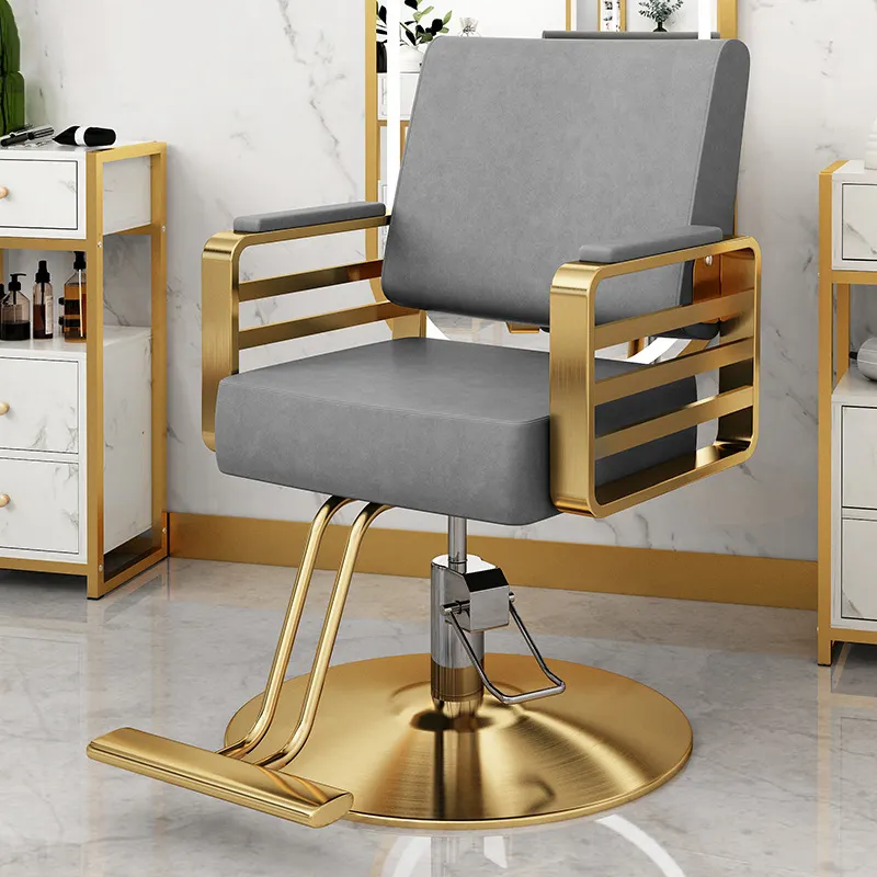 Chaise de salon de coiffure de luxe, ensemble de meubles de salon de maquillage, côté doré, chaise de barbier en métal en acier inoxydable