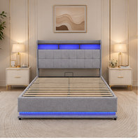 Lit moderne avec cadre hydraulique LED et tête de lit avec étagère, lit rembourré en lin gris avec éclairage RGB et rangement, taille King/Queen