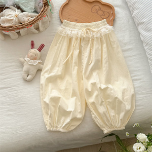 Tongxingyuan Girls' Cotton Lace Trim Jogger Pants Solid Color Summer Casual Pants For Kids - Product Image 3