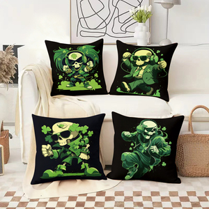 Bantal hias bertema tengkorak Hari St. Patrick dengan shamrock hijau dan headphone untuk dekorasi rumah yang meriah - Product Image 2