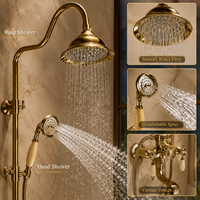 Ensemble de douche en laiton de luxe finition or antique, avec pommeau de douche pluie cloche, poignée en céramique et douchette téléphonique, vente en gros