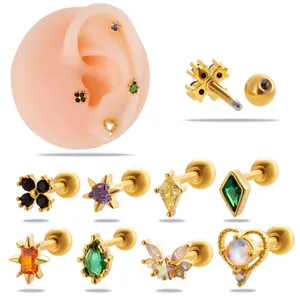 HENGSEN Colorful Cubic Zirconia Heart Butterfly Cartilage Stud Earrings Screw Back Stainless Steel Helix Piercing Jewelry