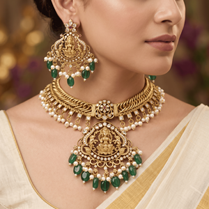 Parure de collier ras-du-cou et boucles d'oreilles en laiton plaqué or antique, motif Déesse Lakshmi, avec perles vertes, bijoux de mariée pour mariage - Product Image 5