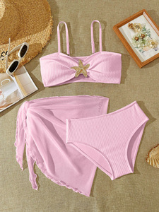 Children Spaghetti Strap Bikini Set Golden Starfish Detail Mesh Wrap <strong>Skirt</strong> Beach <strong>Swimming</strong> <strong>Costume</strong> - Product Image 3