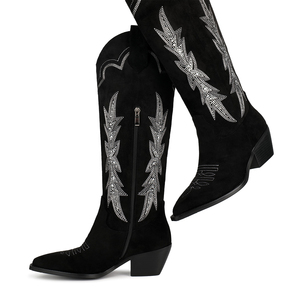 <span class=keywords><strong>Stivali</strong></span> da Cowboy <span class=keywords><strong>Neri</strong></span> in <span class=keywords><strong>Camoscio</strong></span> da Donna WETKISS con Tacco Basso, Cuciture Western, Strass e Gambale Largo al Ginocchio - Vendita all'Ingrosso - Product Image 3