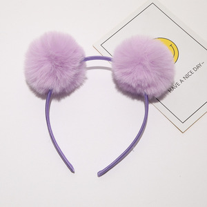 Diadema de peluche de conejo de piel sintética para niños, tocado bonito y dulce, Bola de pelo de Color caramelo, bandas para el pelo con pompón rosa y negro para niños - Product Image 5