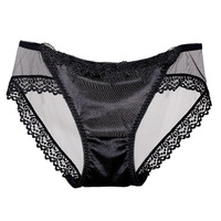 OEM fabrieks prijs elegante satijnen kant slipjes sexy doorschijnende mesh ondergoed zachte zijdeachtige slips voor jubileum cadeau