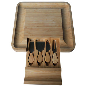 Cross-border bamboo cheese board <b>set</b>, <b>square</b> drawer, cutting board, pizza board with four knives - Product Image 3