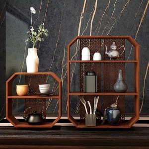 Estante de Pared de Madera Maciza para Almacenamiento de Té, Diseño Geométrico, Color Natural, Estante para Sala de Estar - Product Image 1