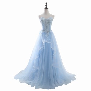 Light Blue Strapless Ball Gown Empire Waist Floral Print Evening Dress For Graduation Party Performance - Product Image 5