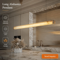 Lustre LED moderne en alabâtre linéaire, finition or brossé, luminaire horizontal pour îlot de cuisine, idéal pour salle à manger