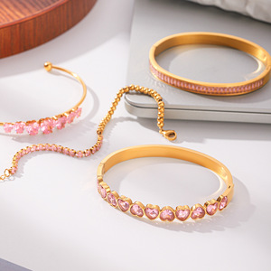 Versatile Ladies <b>Stacking</b> <b>Bracelet</b> High Polished Stainless Steel Embedded Shiny Pink Cubic Zirconia 18K Gold Daily Accessories - Product Image 3