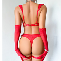 Set Lingerie Seksi Desain Ruffle Gaya Prancis Merah Tua, Rajutan Transparan, Pembentuk Tubuh, Termasuk Sarung Tangan dan Cincin Kaki